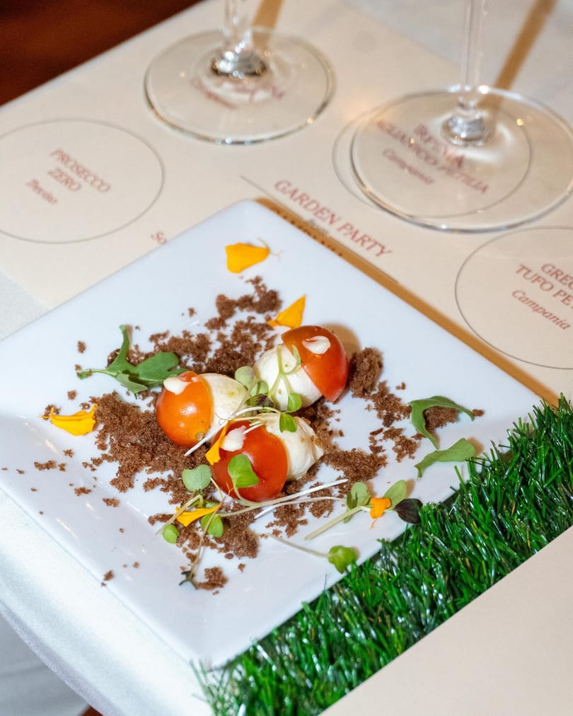 Three cherry tomatoes with mozzarella and microgreens on a white plate with artificial grass.